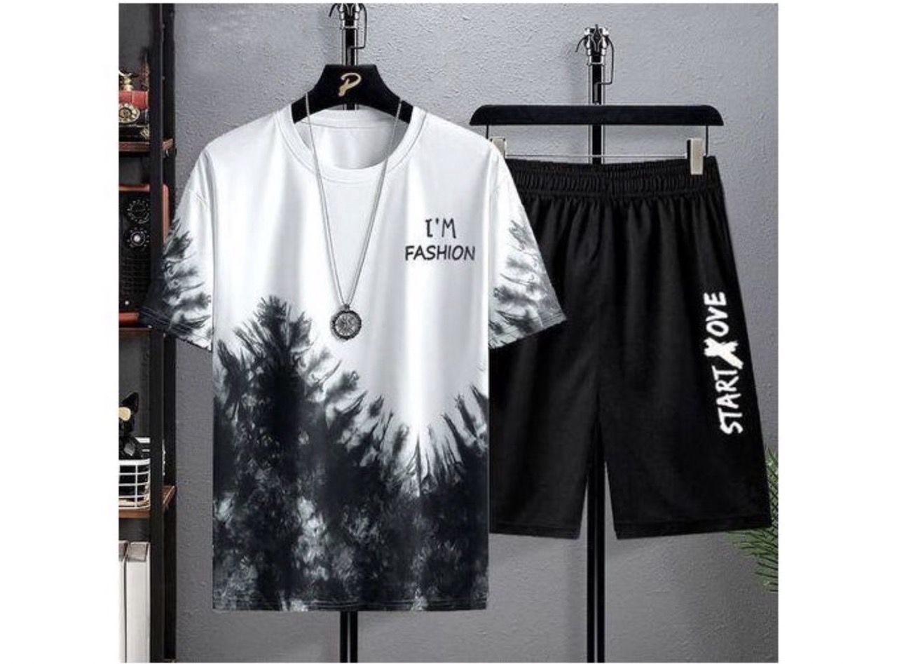 Dou-color men's 2-in-1 short sleeved t-shirt&shorts set